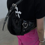 Half Moon Girls Underarm Bag Patent Leather Love Heart Clutch Purse