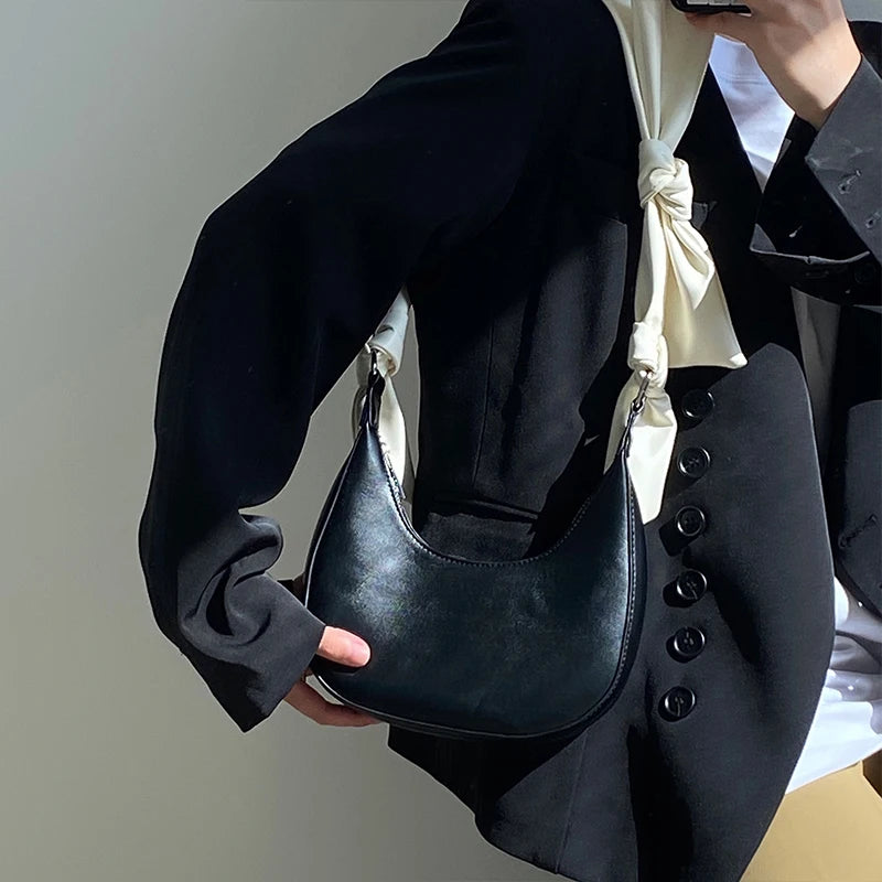 Half Moon Shoulder Bag Knot Strap Handbag Zipper PU Leather