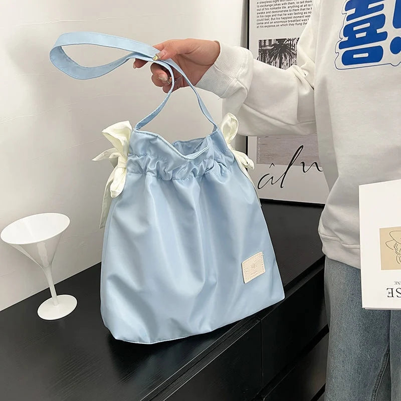 Drawstring Shoulder Bag Large Capacity Nylon Girl Shopping Tote Bag