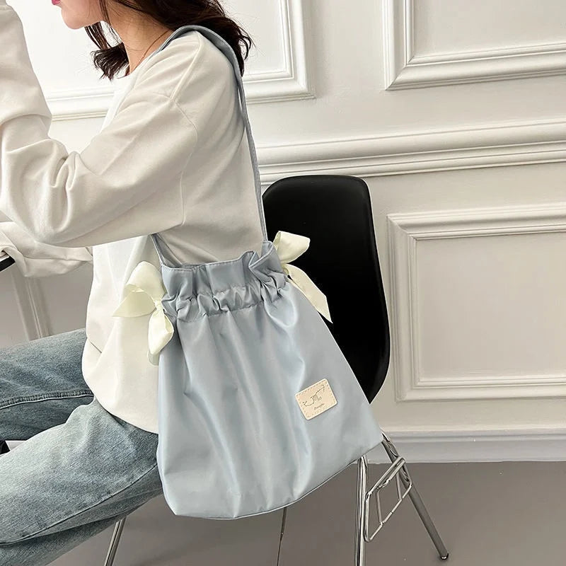 Drawstring Shoulder Bag Large Capacity Nylon Girl Shopping Tote Bag