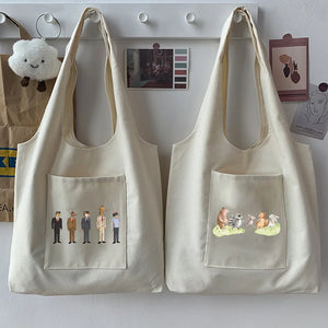 Cartoon Pattern Print Beige Canvas Tote Bag