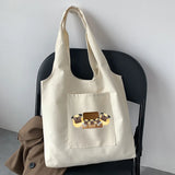 Cartoon Pattern Print Beige Canvas Tote Bag