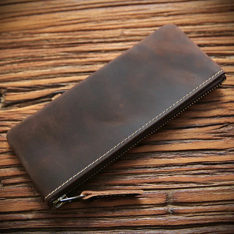 Vintage Cowhide Leather Pencil Case Zipper Pen Bag