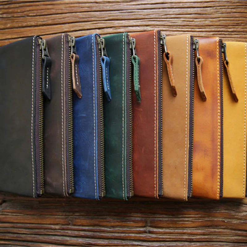 Vintage Cowhide Leather Pencil Case Zipper Pen Bag