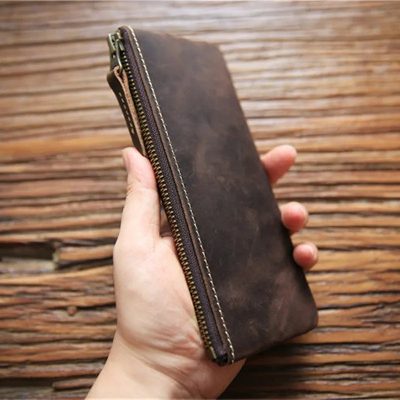 Vintage Cowhide Leather Pencil Case Zipper Pen Bag