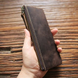 Vintage Cowhide Leather Pencil Case Zipper Pen Bag