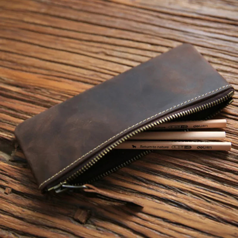 Vintage Cowhide Leather Pencil Case Zipper Pen Bag