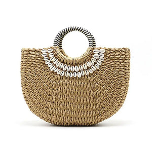 Hand Woven Straw Bags Shell Beach Handbag Tote Moon Shape Bohemian Straw