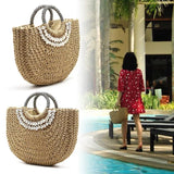 Hand Woven Straw Bags Shell Beach Handbag Tote Moon Shape Bohemian Straw