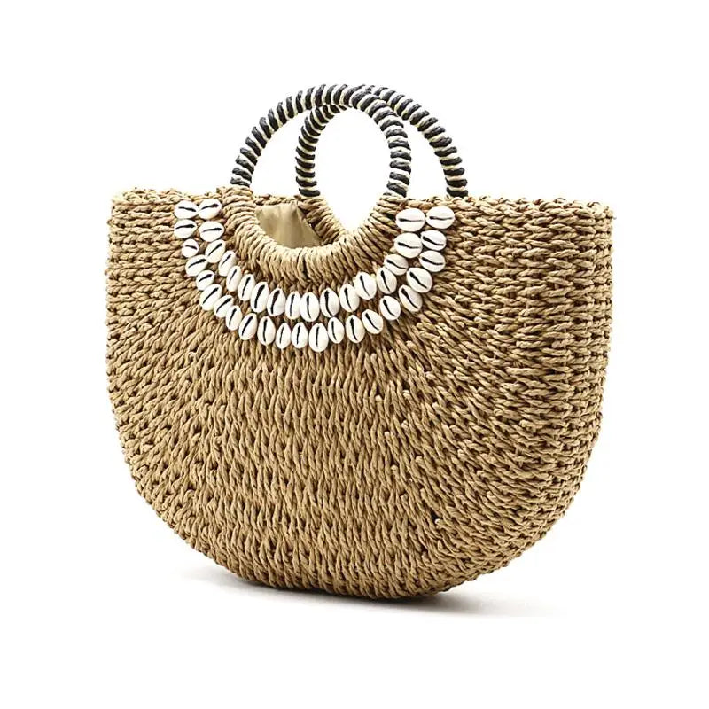 Hand Woven Straw Bags Shell Beach Handbag Tote Moon Shape Bohemian Straw