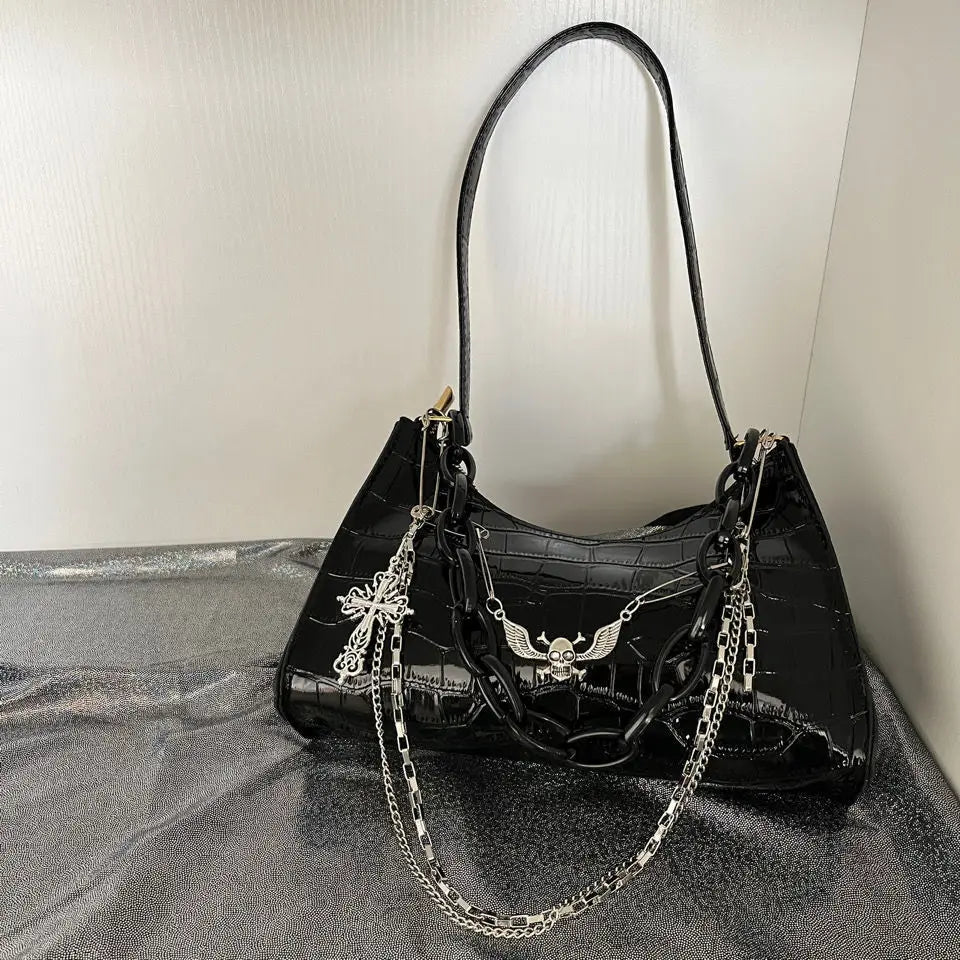 Dark Punk Female Shoulder Bag Crocodile Pattern Y2K Girls Chain Handbag