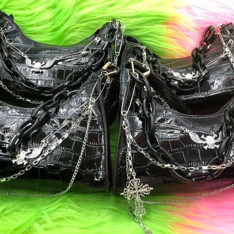Dark Punk Female Shoulder Bag Crocodile Pattern Y2K Girls Chain Handbag