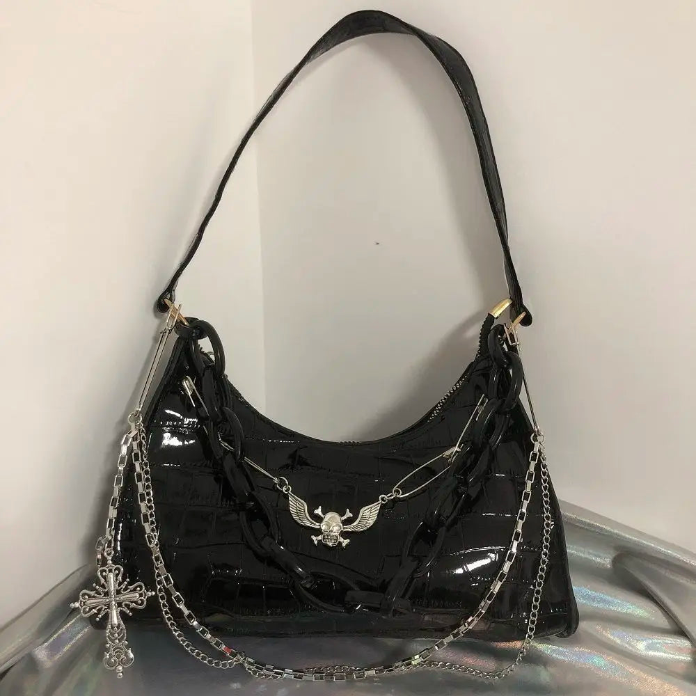 Dark Punk Female Shoulder Bag Crocodile Pattern Y2K Girls Chain Handbag