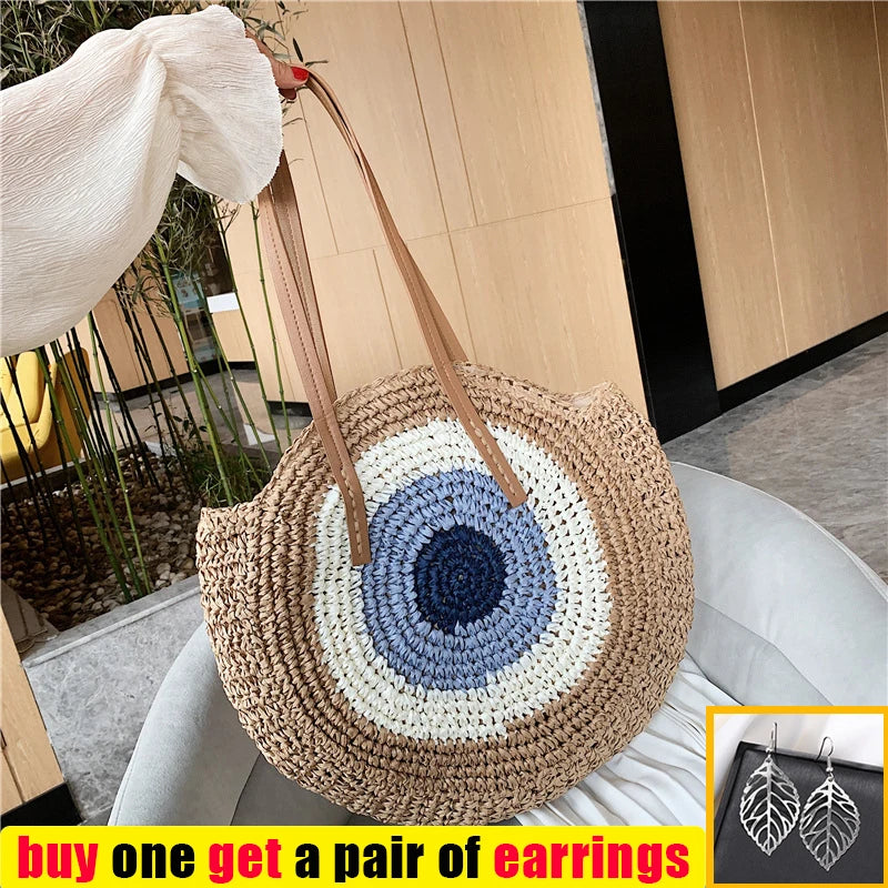 Summer Beach Round Straw Bags for Women Rattan Shoulder Handbag