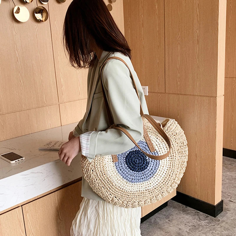 Summer Beach Round Straw Bags for Women Rattan Shoulder Handbag
