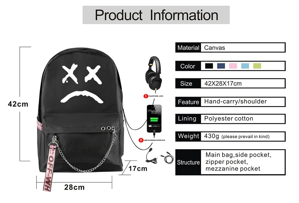 Harajuku Lil Peep Pink Backpack for School Teenagers Girls Student