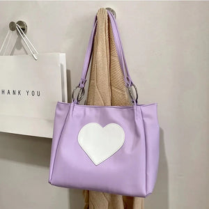 Heart Pattern Women PU Leather Shoulder Bag Purple Underarm Tote Handbag