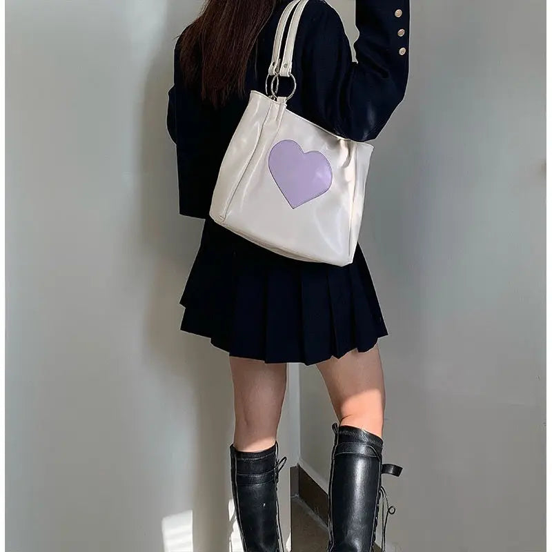 Heart Pattern Women PU Leather Shoulder Bag Purple Underarm Tote Handbag