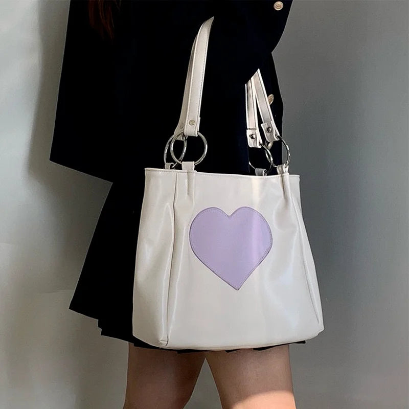 Heart Pattern Women PU Leather Shoulder Bag Purple Underarm Tote Handbag