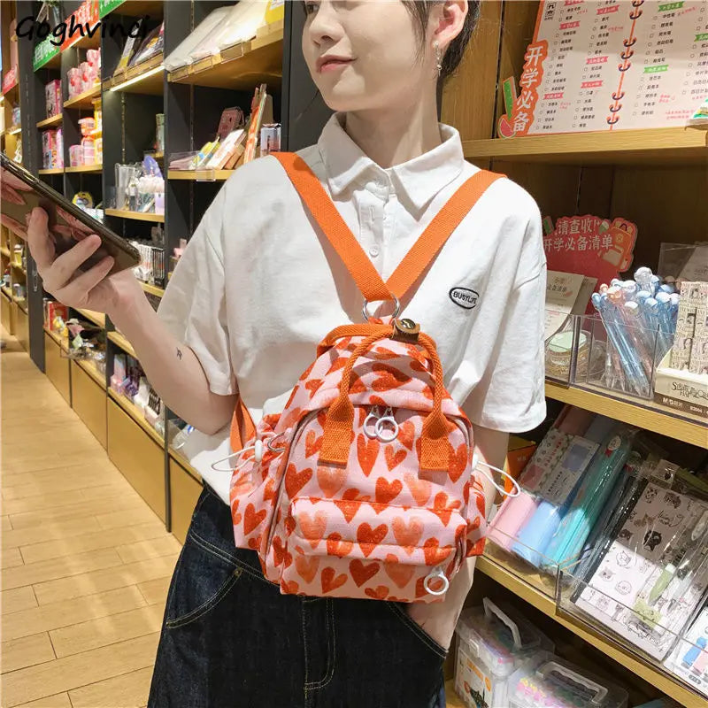 Heart Print Backpacks Women Sweet Nylon High Street All-match