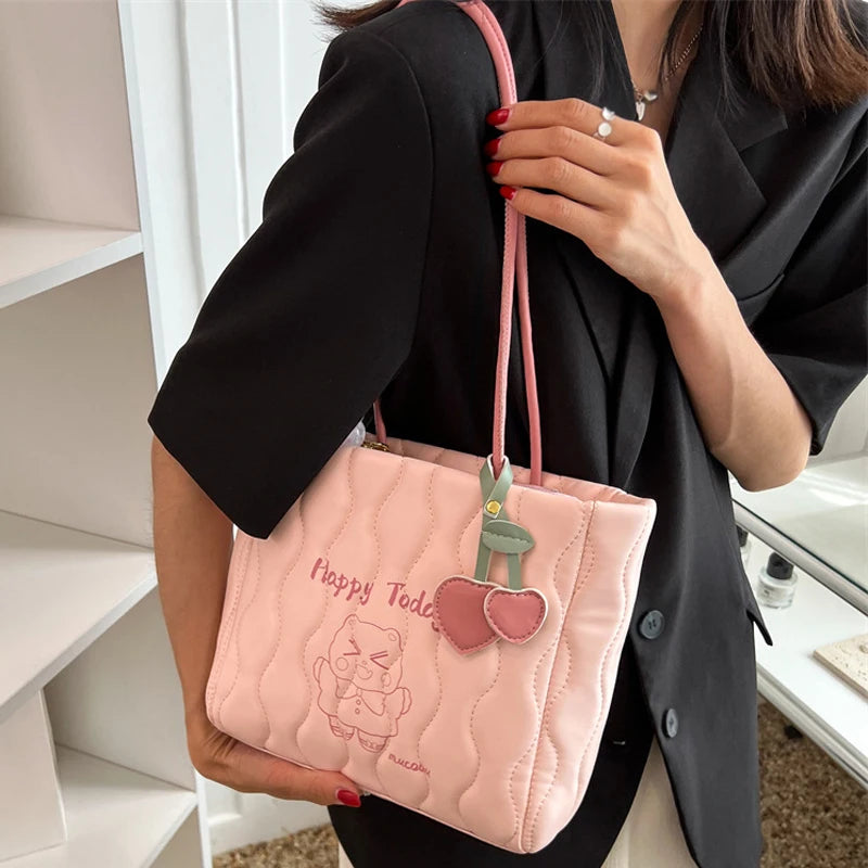 Cartoon Printed Tote Bag Embroidered Thread Shoulder Women PU Leather