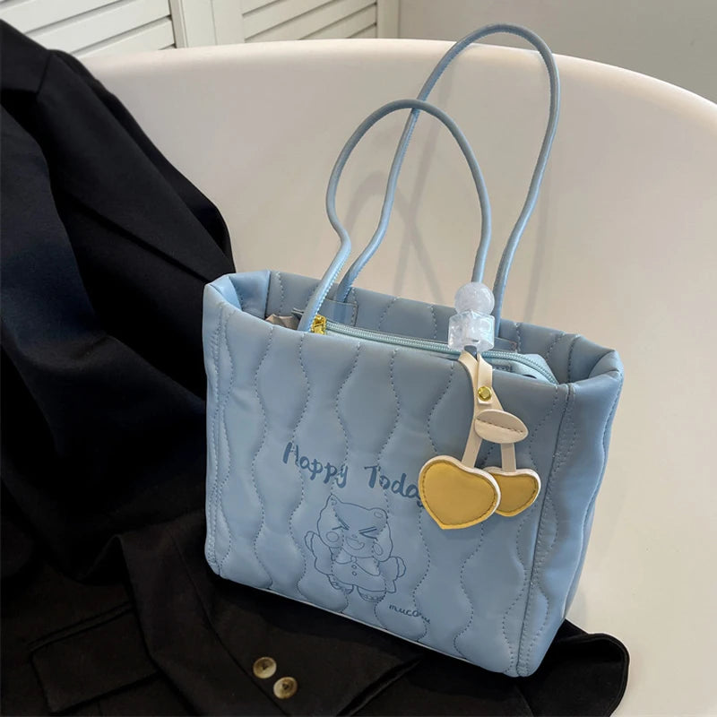 Cartoon Printed Tote Bag Embroidered Thread Shoulder Women PU Leather