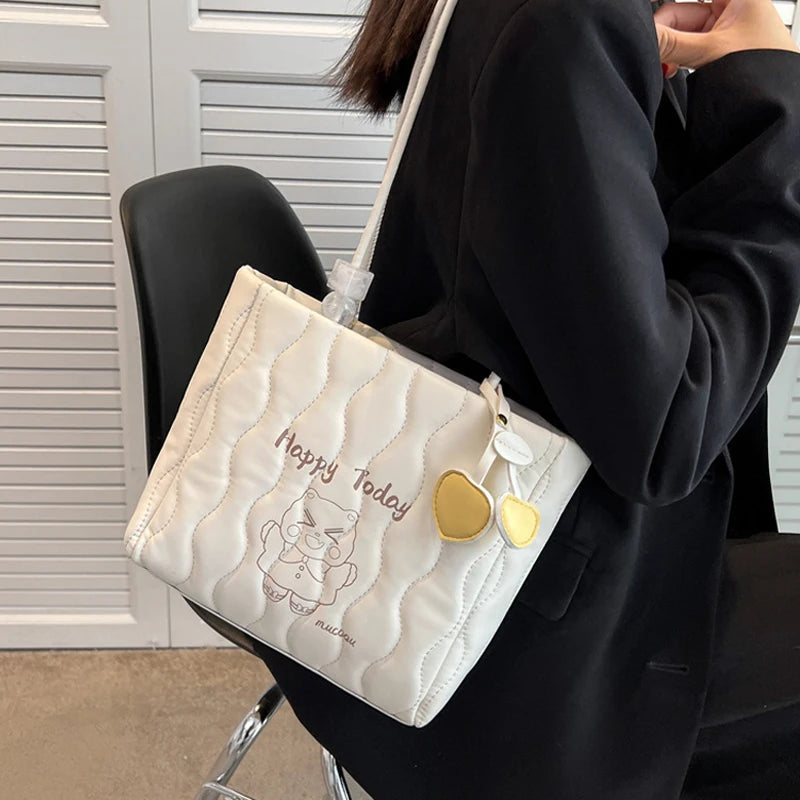 Cartoon Printed Tote Bag Embroidered Thread Shoulder Women PU Leather