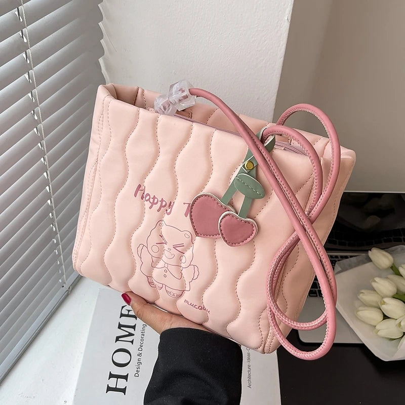 Cartoon Printed Tote Bag Embroidered Thread Shoulder Women PU Leather