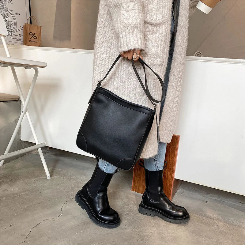 High Capacity PU Leather Crossbody Bags For Women Casual Bucket Bags