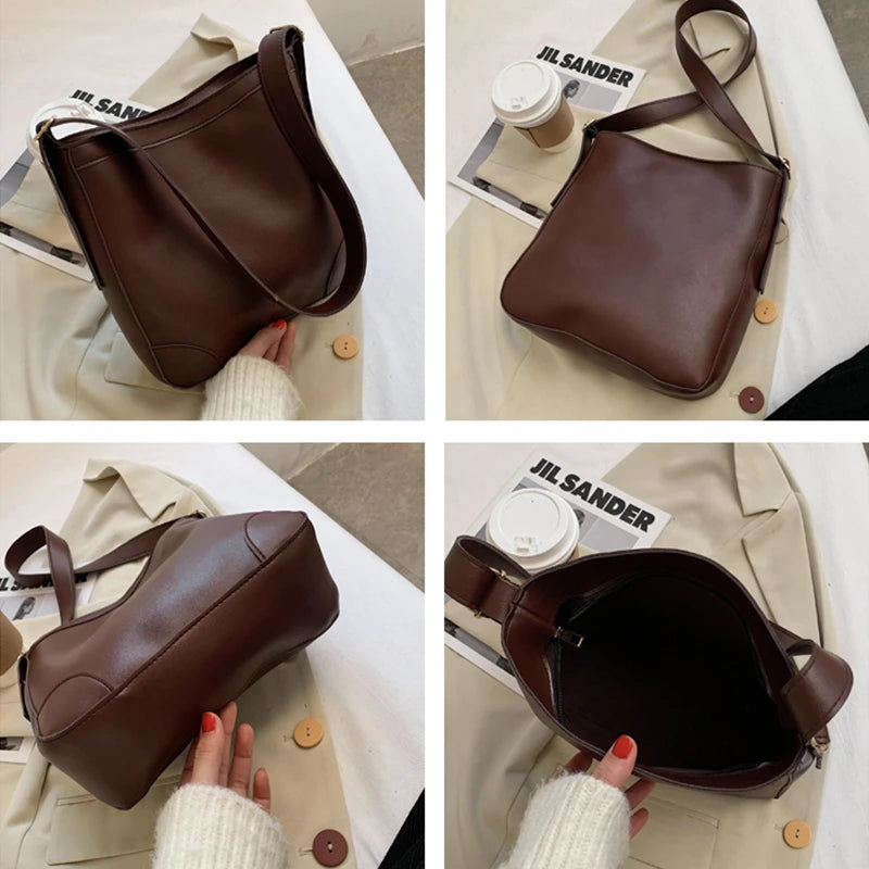 High Capacity PU Leather Crossbody Bags For Women Casual Bucket Bags