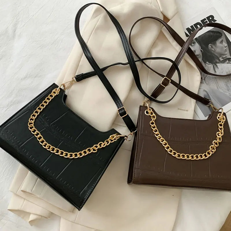 Casual Stone-grain Pu Leather Shoulder Bag Crossbody Chain Strap Square Bag