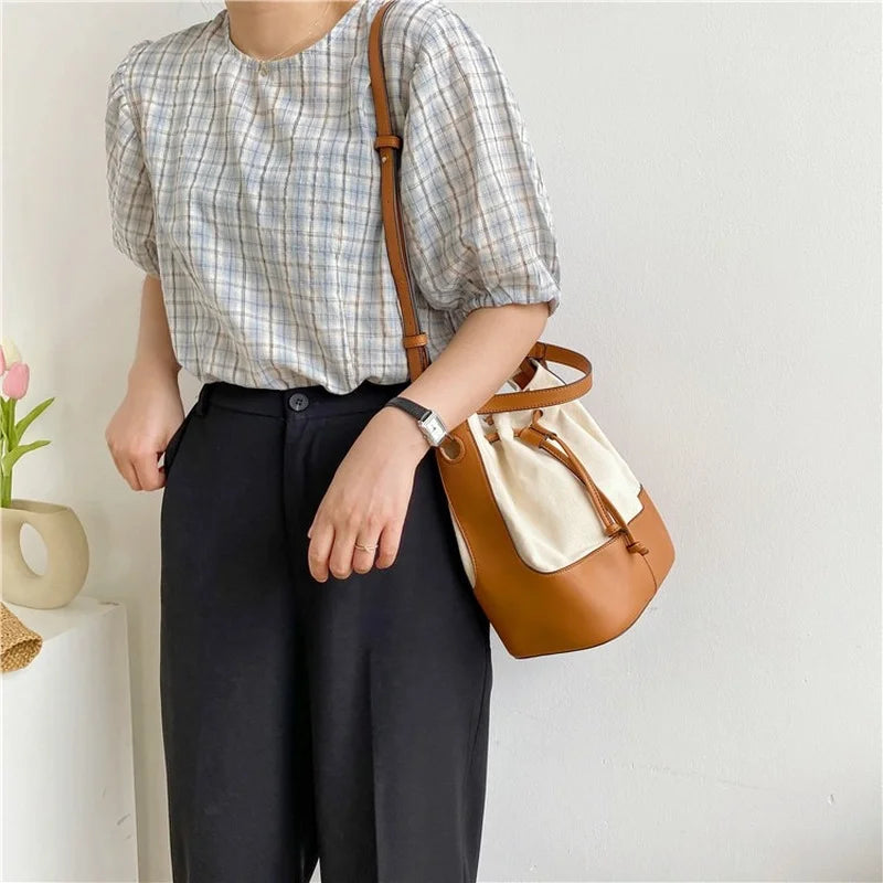Korean Style Canvas Bucket Bag with Tassel - Crossbody Shoulder Handbag