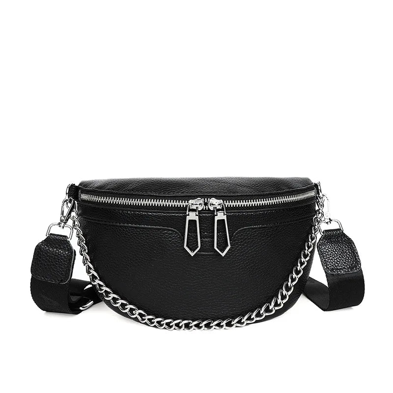 Leather Chest Pack Chain Crossbody Bag Real Cowhide Waist Bag