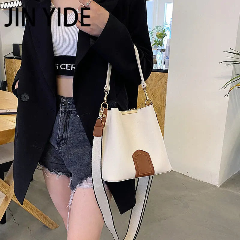 Retro Messenger Bucket Bag Wide Shoulder Strap Handbag