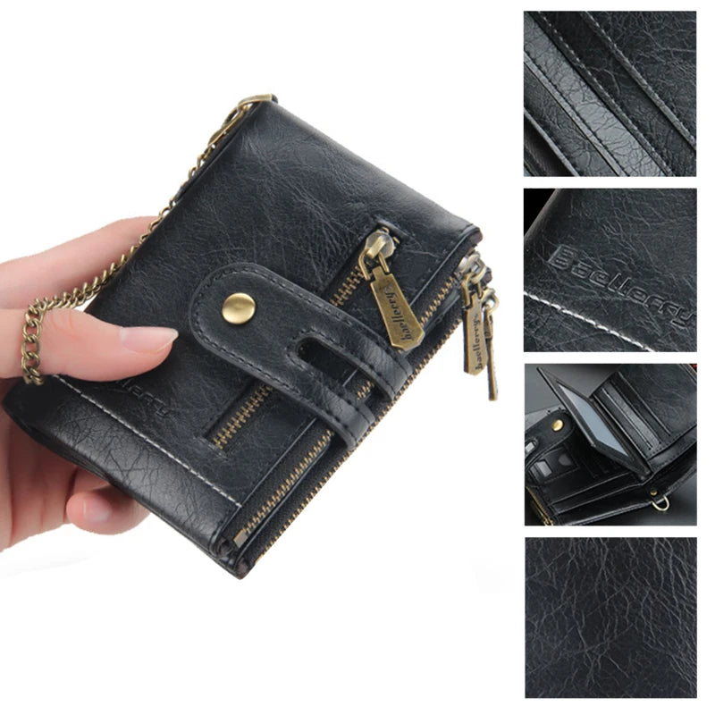 Men's Leather Short Wallet Multi-card Male Purse Zipper Pouch Retro Chain Money