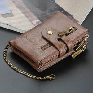 Men's Leather Short Wallet Multi-card Male Purse Zipper Pouch Retro Chain Money