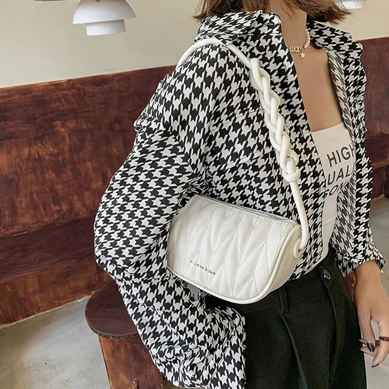 PU Leather Armpit Bags Women Weave Handle Crossbody Saddle Handbag