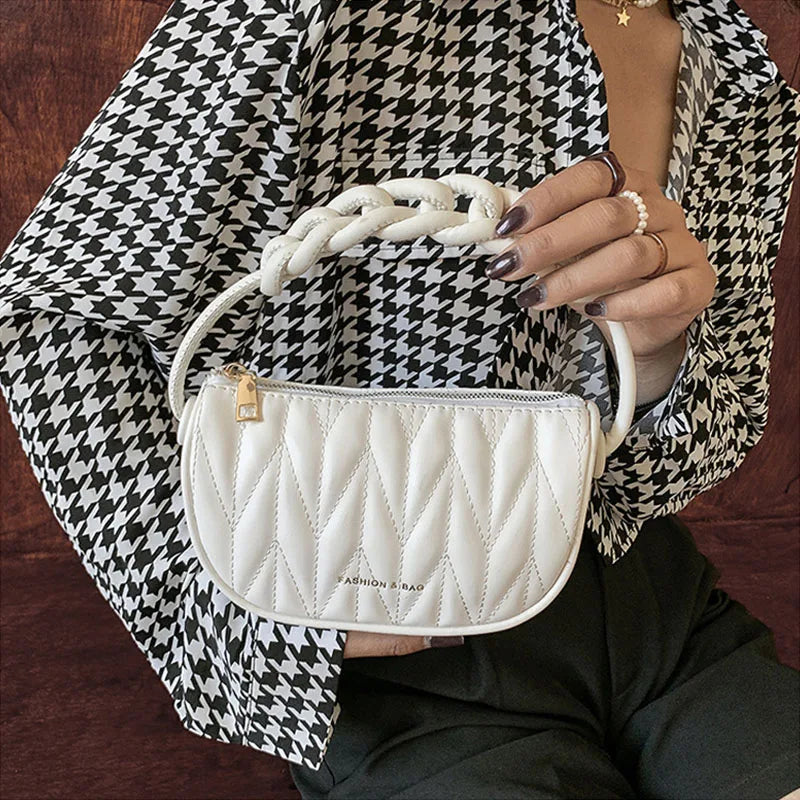 PU Leather Armpit Bags Women Weave Handle Crossbody Saddle Handbag