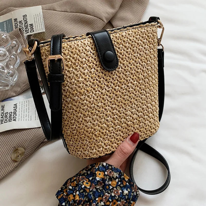 Straw Woven Bucket Bag Casual Summer Vacation Wild Single Shoulder Messenger Bag