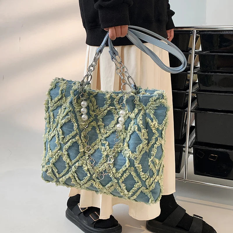Casual Canvas Chains Tote Bag Vintage Denim Handbag Women Shoulder Bags