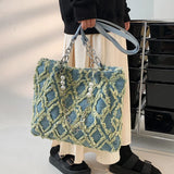 Casual Canvas Chains Tote Bag Vintage Denim Handbag Women Shoulder Bags