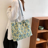 Casual Canvas Chains Tote Bag Vintage Denim Handbag Women Shoulder Bags