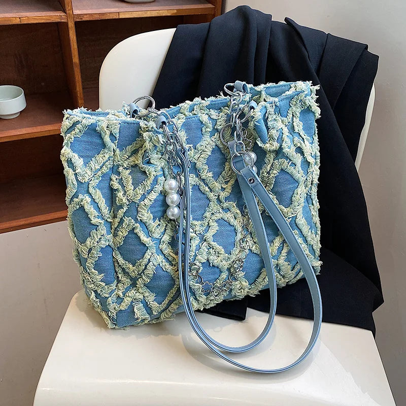 Casual Canvas Chains Tote Bag Vintage Denim Handbag Women Shoulder Bags