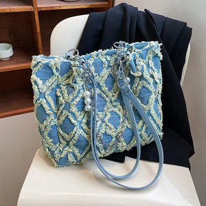 Casual Canvas Chains Tote Bag Vintage Denim Handbag Women Shoulder Bags