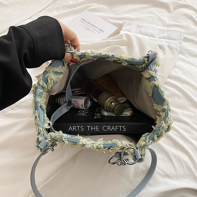 Casual Canvas Chains Tote Bag Vintage Denim Handbag Women Shoulder Bags