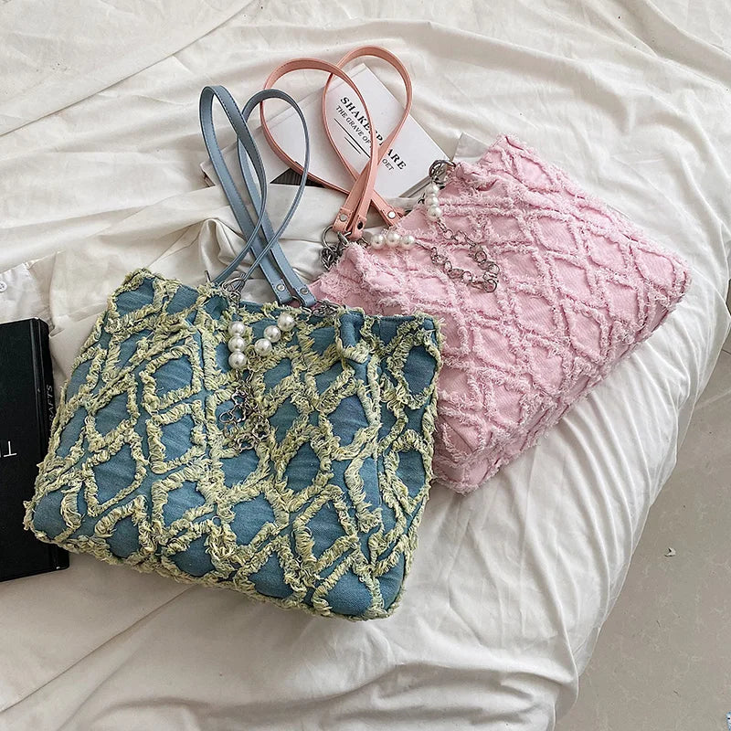 Casual Canvas Chains Tote Bag Vintage Denim Handbag Women Shoulder Bags