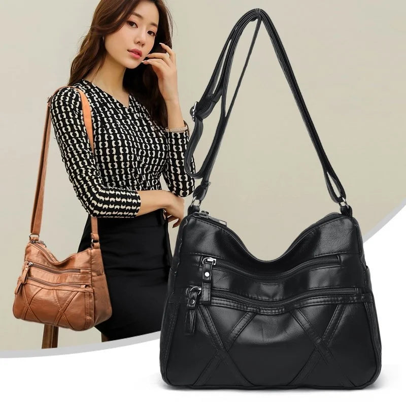 Soft Leather Shoulder Bag Multi-Layer Crossbody Handbag