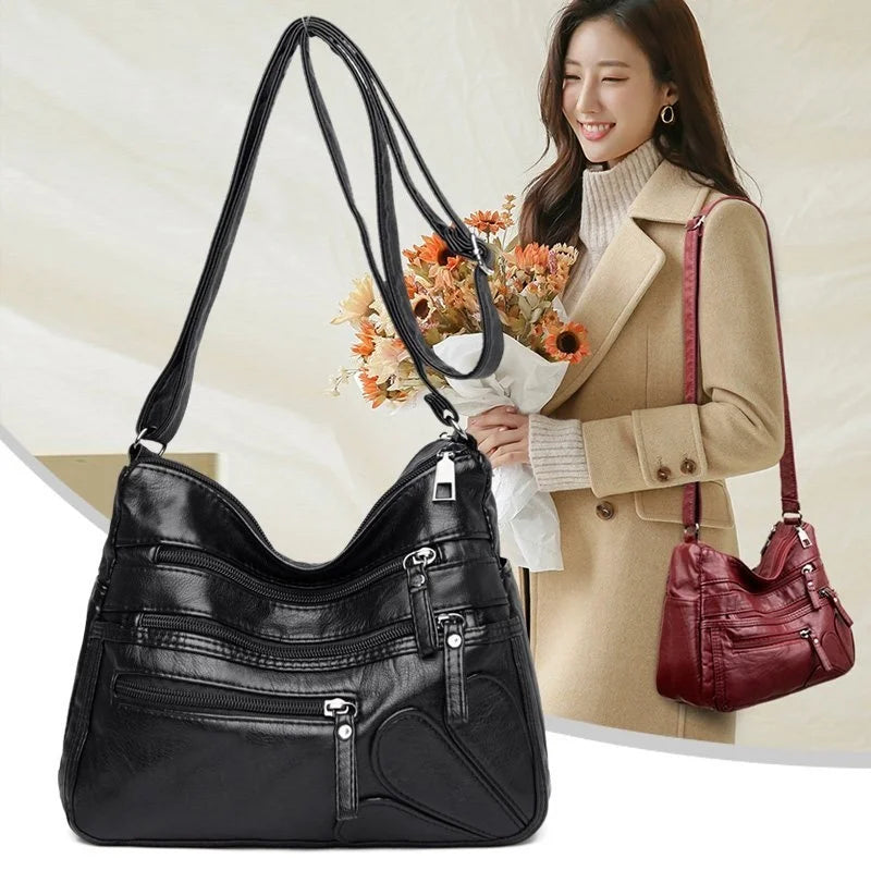 Soft Leather Shoulder Bag Multi-Layer Crossbody Handbag