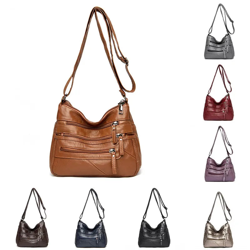 Women's Leather Shoulder Bag Multi-Layer Shopper Crossbody Handbag
