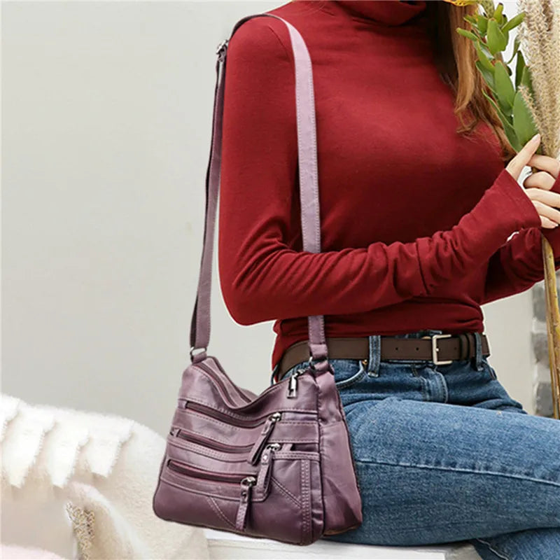 Women's Leather Shoulder Bag Multi-Layer Shopper Crossbody Handbag